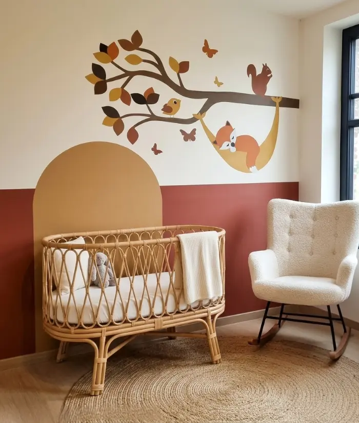 Terracotta en goud babykamer met vosje in hangmat muurdecoratie
